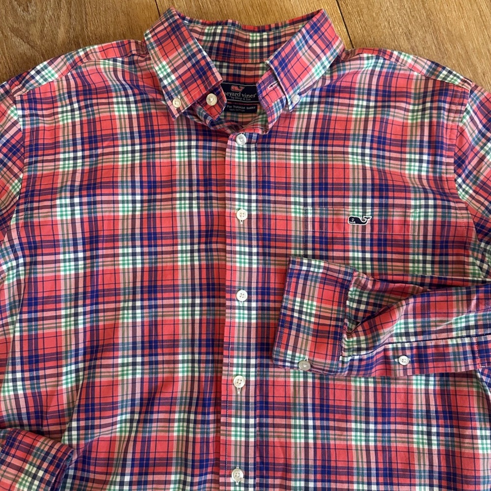 Vineyard Vines Mens Slim Fit Tucker Shirt L Pink Blue Plaid Cotton Button Up